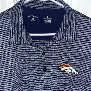 Denver Broncos NFL Blue Gray Stripe Golf polyester mens polo Shirt L Antigua
